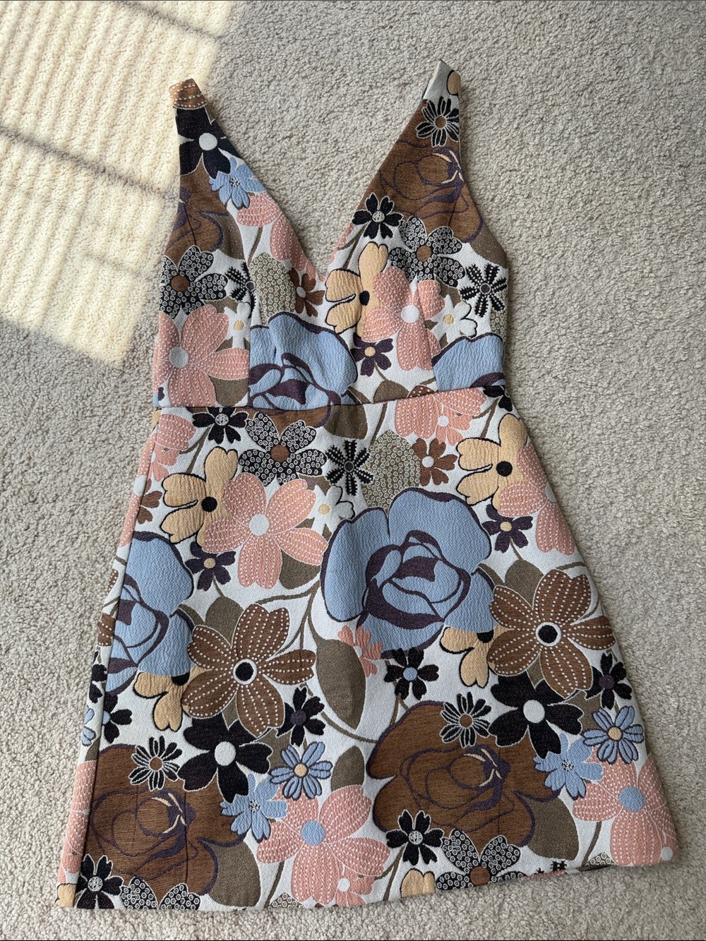 Zara Floral V-Neck Mini Dress in Blue, Pink, Brown, Cream